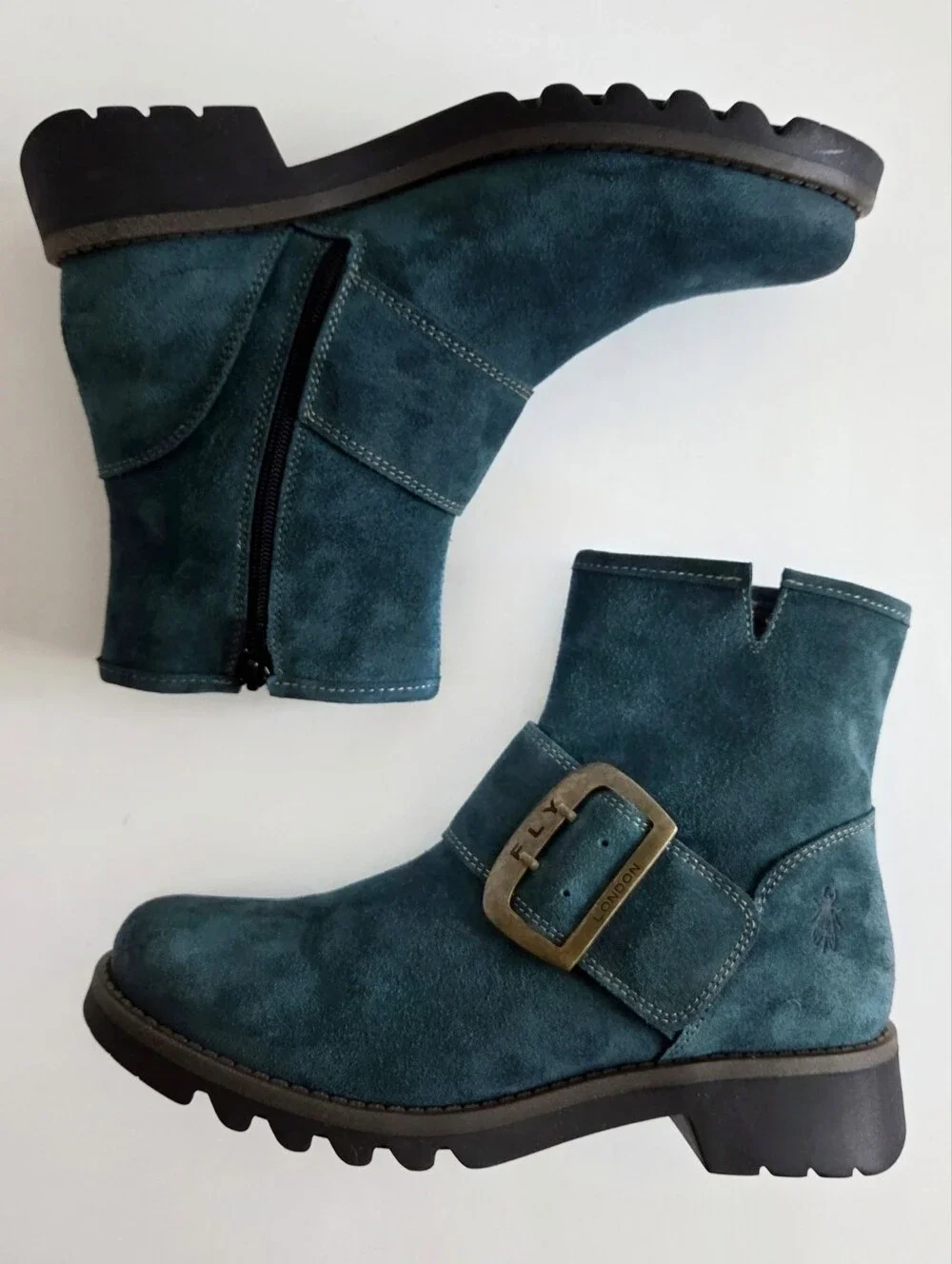NWOT Fly London Rily Bootie "Oil Suede Petrol" / Teal, Big Buckle Sz 40, 9-9.5 - Picture 5 of 15